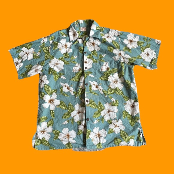 Go Barefoot Button Shirt Hawaiian Floral Print Blue Green USA Made Men Sz Large - Picture 1 of 6